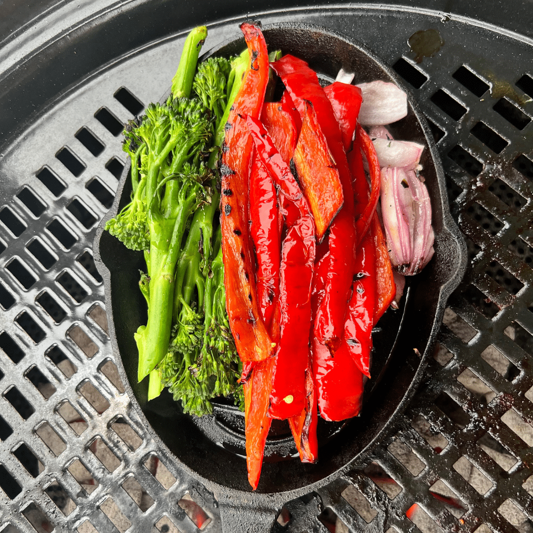 Bimi and red pepper in the cast iron grill pan