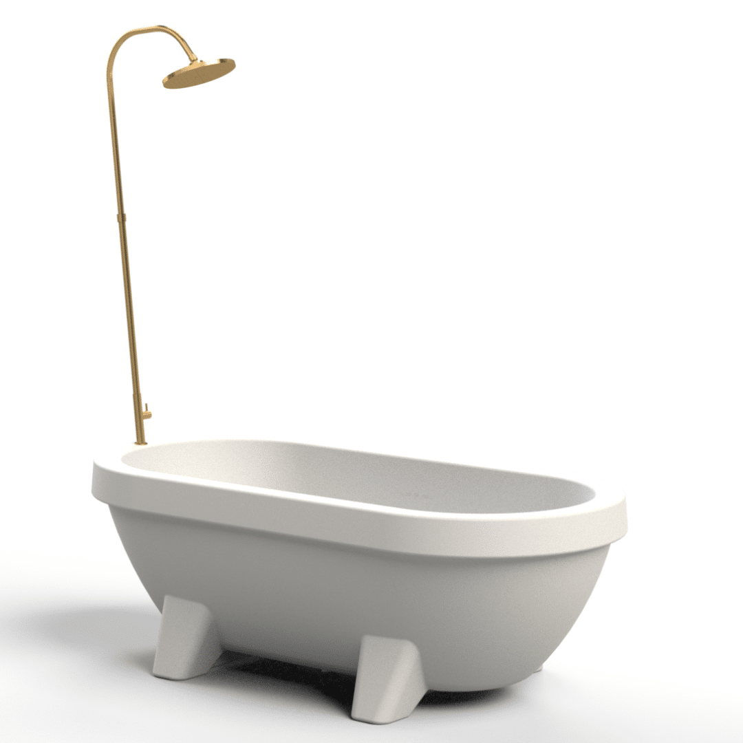 Bañera de jardín blanca con ducha dorada