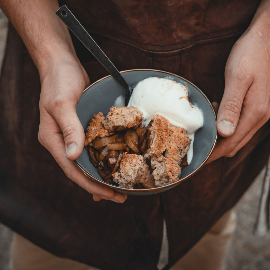 enamel bowl grey barebones with campfire apple pie